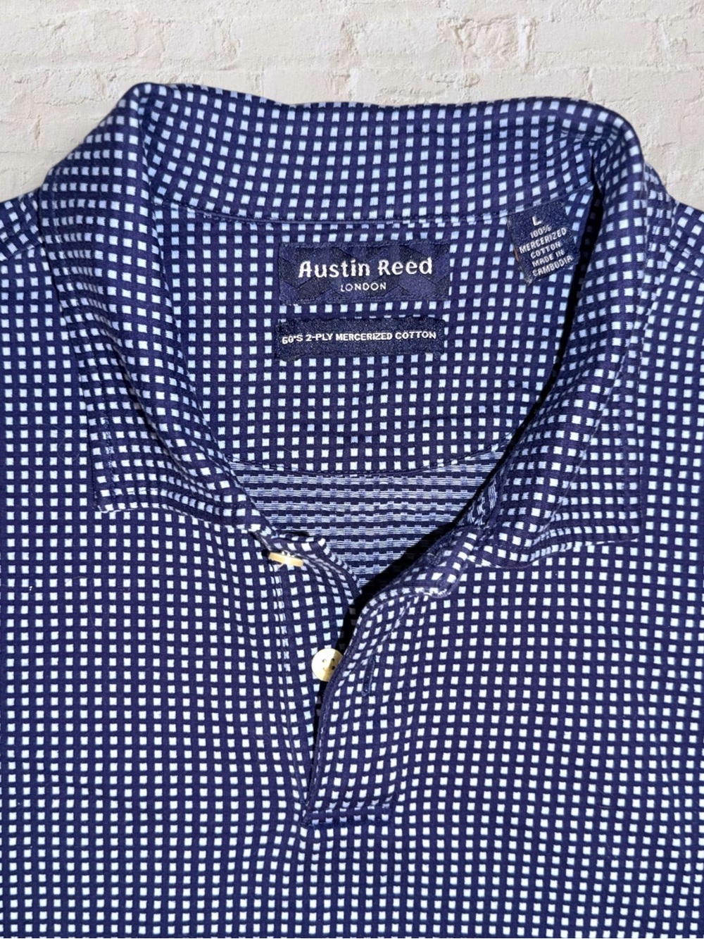 Austin Reed London Men’s L Navy Micro Grid Polo 60s 2-Ply Mercerized Cotton